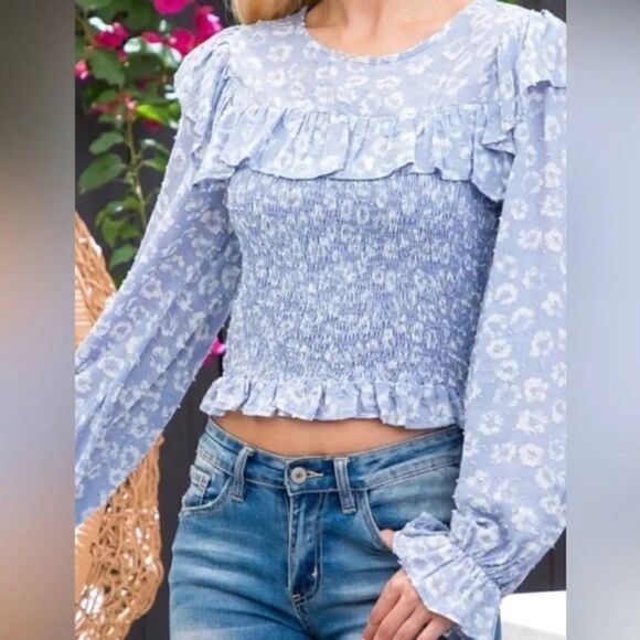 Blue & Cream Smocked Long Sleeve Top - Picture 3 of 3